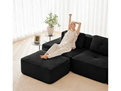 Sofá|DripeX Sofá de Canto Modular em Veludo cotelê, com 2 puffs e 2 almofadas, 204x177x69cm, Preto