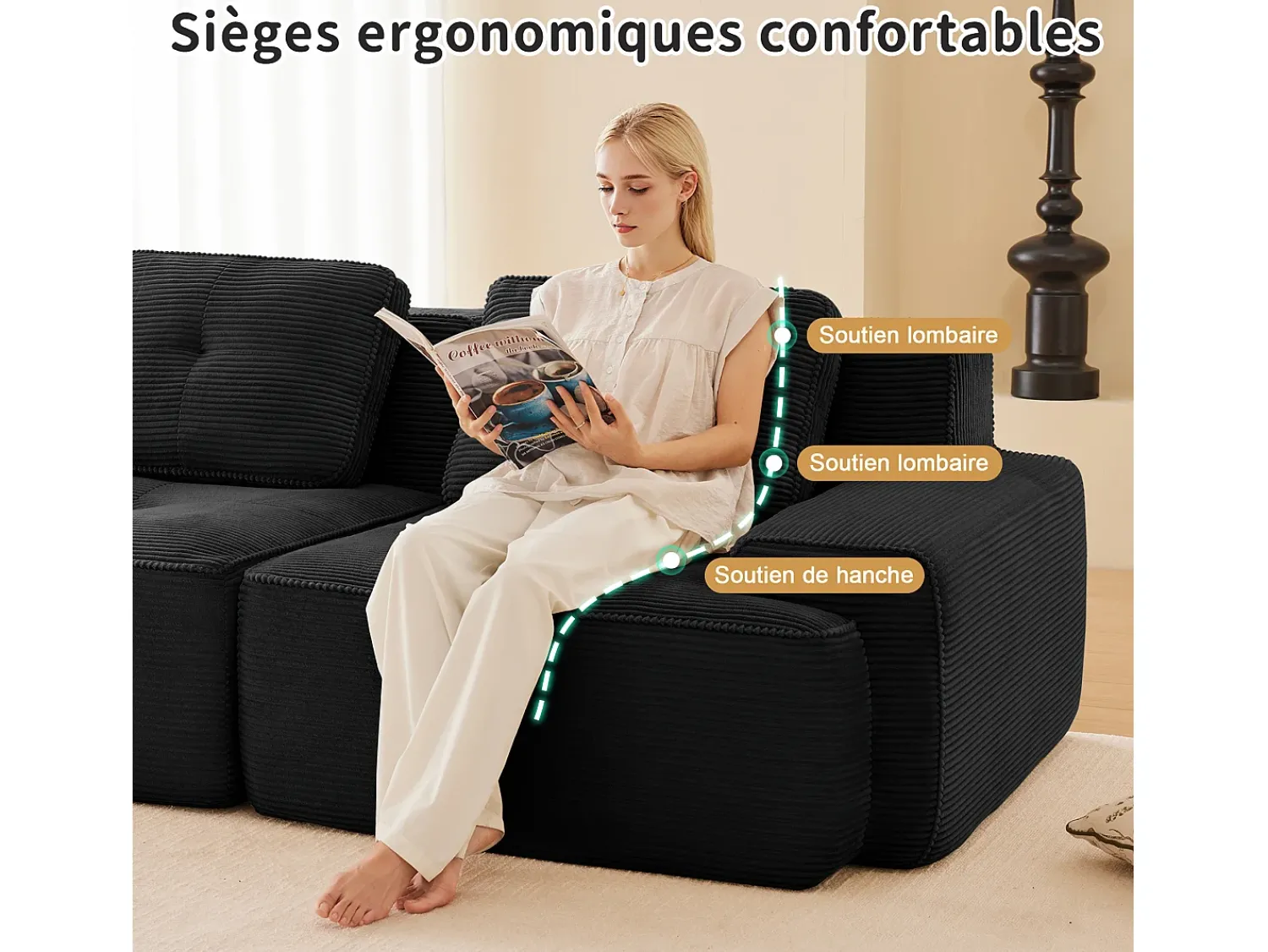 Sofá|DripeX Sofá de Canto Modular em Veludo cotelê, com 2 puffs e 2 almofadas, 204x177x69cm, Preto