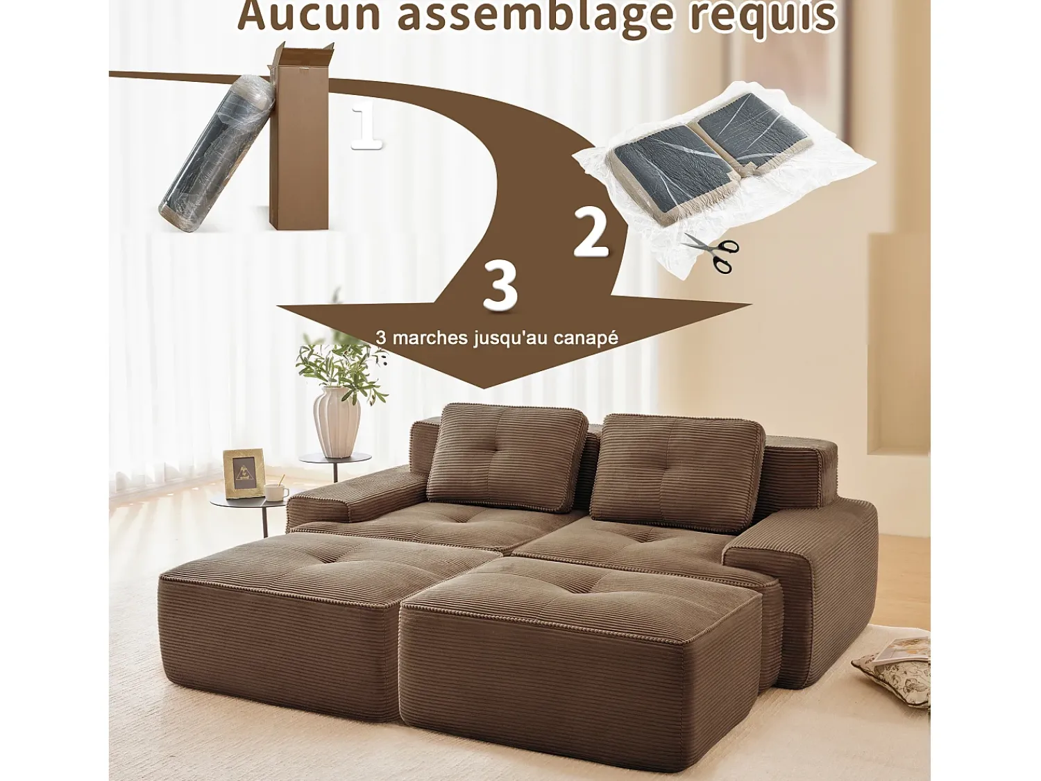 Sofá*DripeX Sofá de Canto Modular em Veludo cotelê, com 2 puffs e 2 almofadas, 204x177x69cm, Marrom Castanho