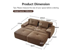Sofá*DripeX Sofá de Canto Modular em Veludo cotelê, com 2 puffs e 2 almofadas, 204x177x69cm, Marrom Castanho