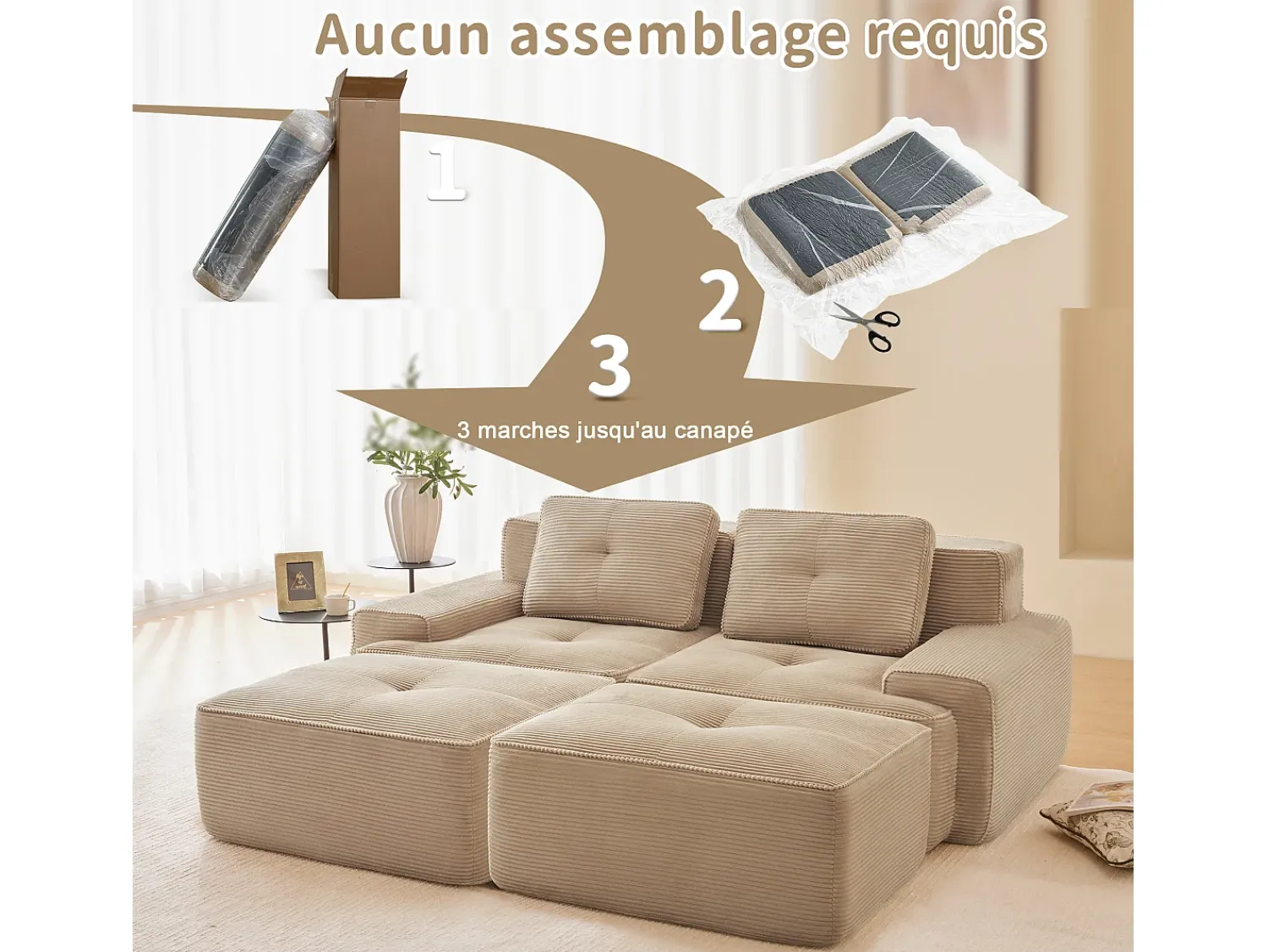 Hot DripeX Sofá de Canto Modular em Veludo cotelê, com 2 puffs e 2 almofadas, 204x177x69cm, Bege