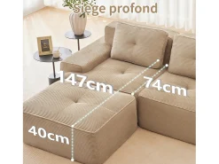 Hot DripeX Sofá de Canto Modular em Veludo cotelê, com 2 puffs e 2 almofadas, 204x177x69cm, Bege
