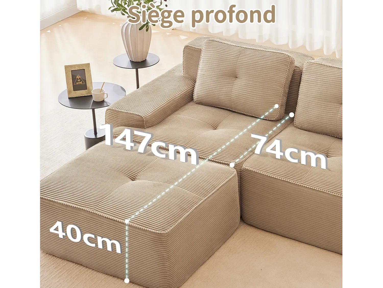Hot DripeX Sofá de Canto Modular em Veludo cotelê, com 2 puffs e 2 almofadas, 204x177x69cm, Bege
