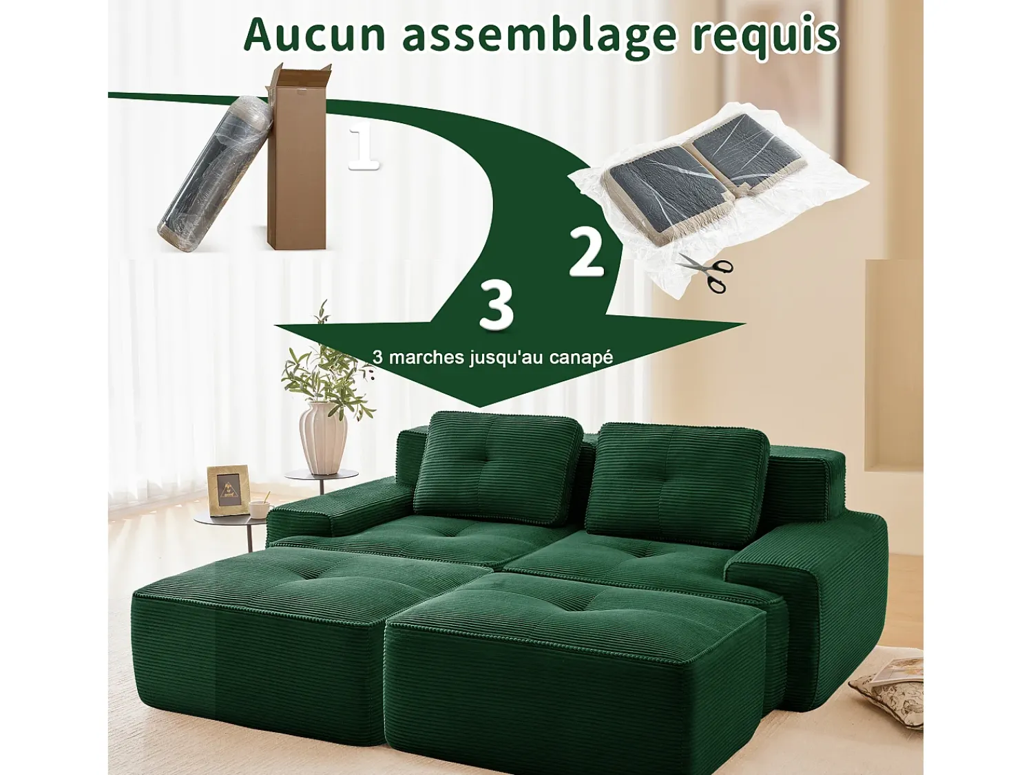 DripeX Sofá de Canto Modular em Veludo cotelê, com 2 puffs e 2 almofadas, 204x177x69cm,^ Sofá