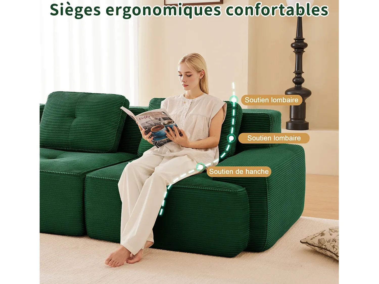 DripeX Sofá de Canto Modular em Veludo cotelê, com 2 puffs e 2 almofadas, 204x177x69cm,^ Sofá