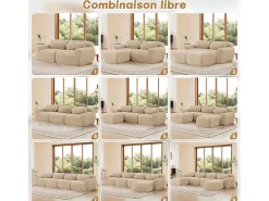 Sofá|DripeX Sofá de Canto Modular Forma de U em tecido peluche, com 2 puffs e 4 almofadas, 378x179x73cm, Caqui