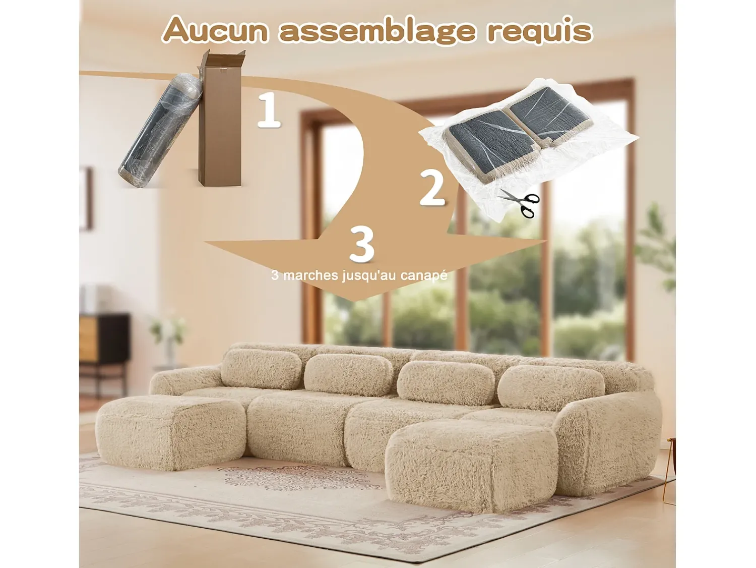 Sofá|DripeX Sofá de Canto Modular Forma de U em tecido peluche, com 2 puffs e 4 almofadas, 378x179x73cm, Caqui