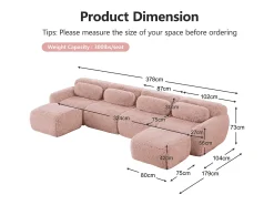 Sofá*DripeX Sofá de Canto Modular Forma de U em tecido peluche, com 2 puffs e 4 almofadas, 378x179x73cm, Rosa
