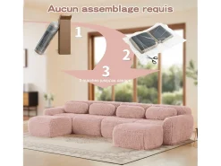 Sofá*DripeX Sofá de Canto Modular Forma de U em tecido peluche, com 2 puffs e 4 almofadas, 378x179x73cm, Rosa