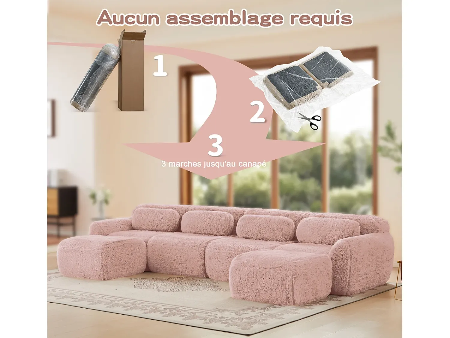 Sofá*DripeX Sofá de Canto Modular Forma de U em tecido peluche, com 2 puffs e 4 almofadas, 378x179x73cm, Rosa