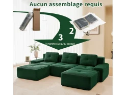 Sofá|DripeX Sofá de Canto Modular Forma de U em Veludo cotelê, com 2 puffs e 3 almofadas, 293x177x69cm, Verde