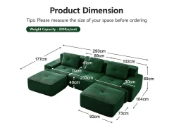 Sofá|DripeX Sofá de Canto Modular Forma de U em Veludo cotelê, com 2 puffs e 3 almofadas, 293x177x69cm, Verde