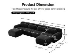 Clearance DripeX Sofá de Canto Modular Forma de U em tecido peluche, com 2 puffs e 4 almofadas, 378x179x73cm, Preto