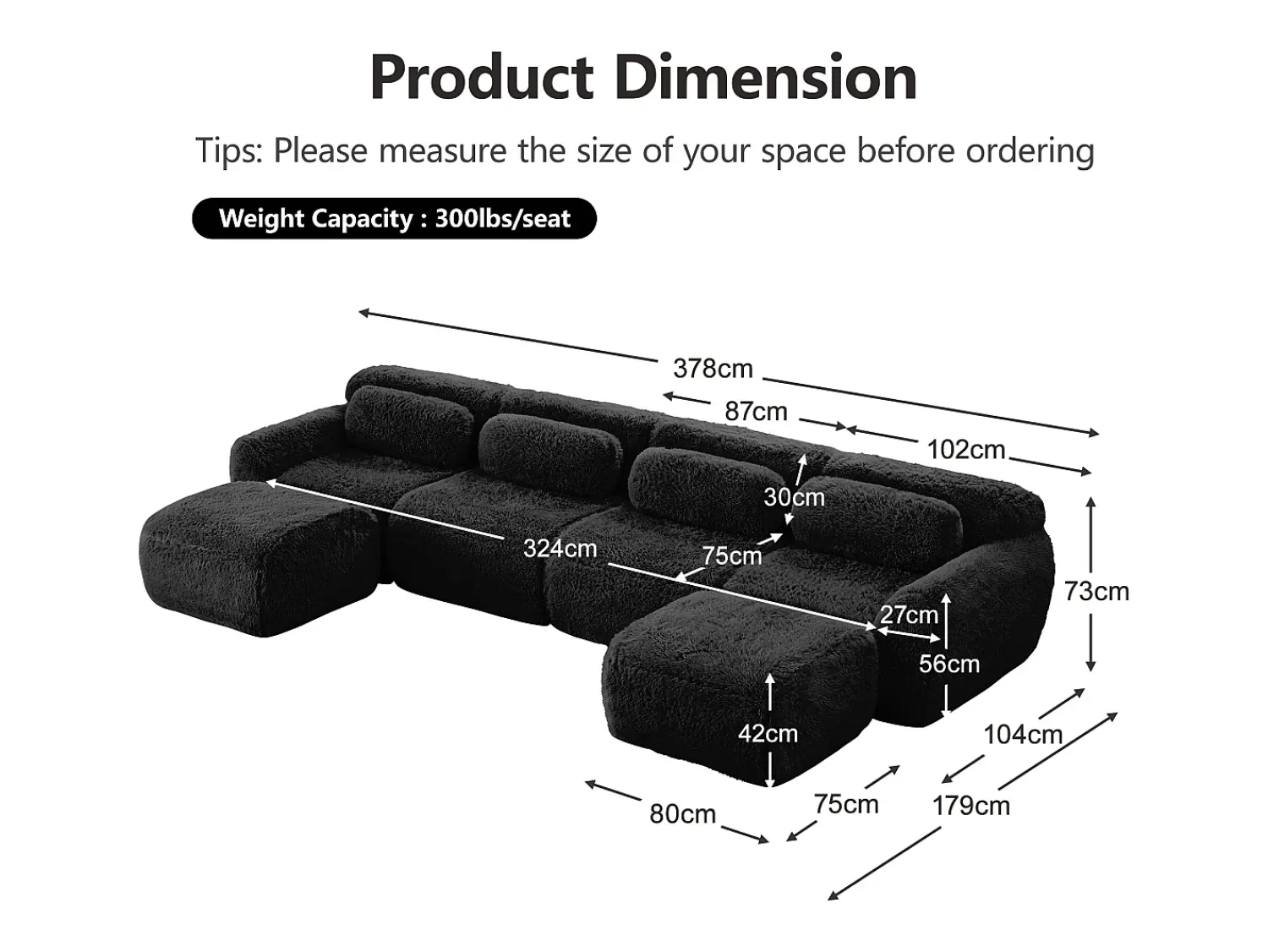 Clearance DripeX Sofá de Canto Modular Forma de U em tecido peluche, com 2 puffs e 4 almofadas, 378x179x73cm, Preto