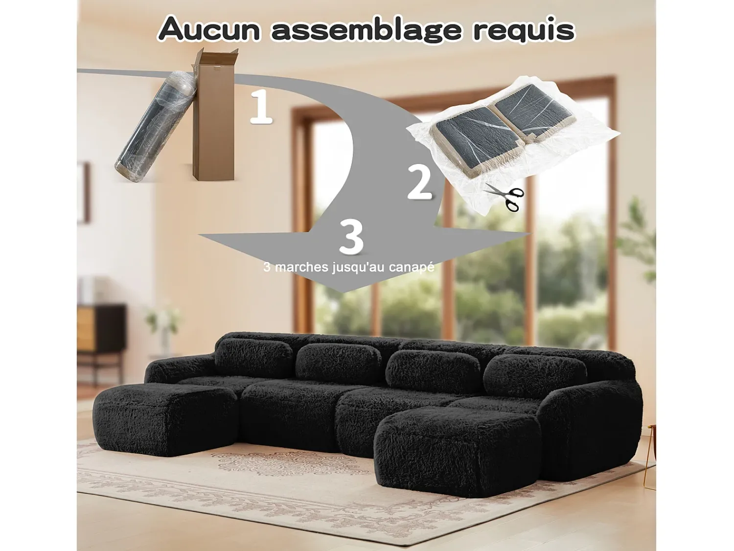 Clearance DripeX Sofá de Canto Modular Forma de U em tecido peluche, com 2 puffs e 4 almofadas, 378x179x73cm, Preto