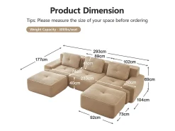 Sofá|DripeX Sofá de Canto Modular Forma de U em Veludo cotelê, com 2 puffs e 3 almofadas, 293x177x69cm, Bege