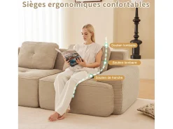 Sofá|DripeX Sofá de Canto Modular Forma de U em Veludo cotelê, com 2 puffs e 3 almofadas, 293x177x69cm, Bege
