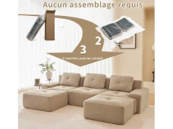Sofá|DripeX Sofá de Canto Modular Forma de U em Veludo cotelê, com 2 puffs e 3 almofadas, 293x177x69cm, Bege