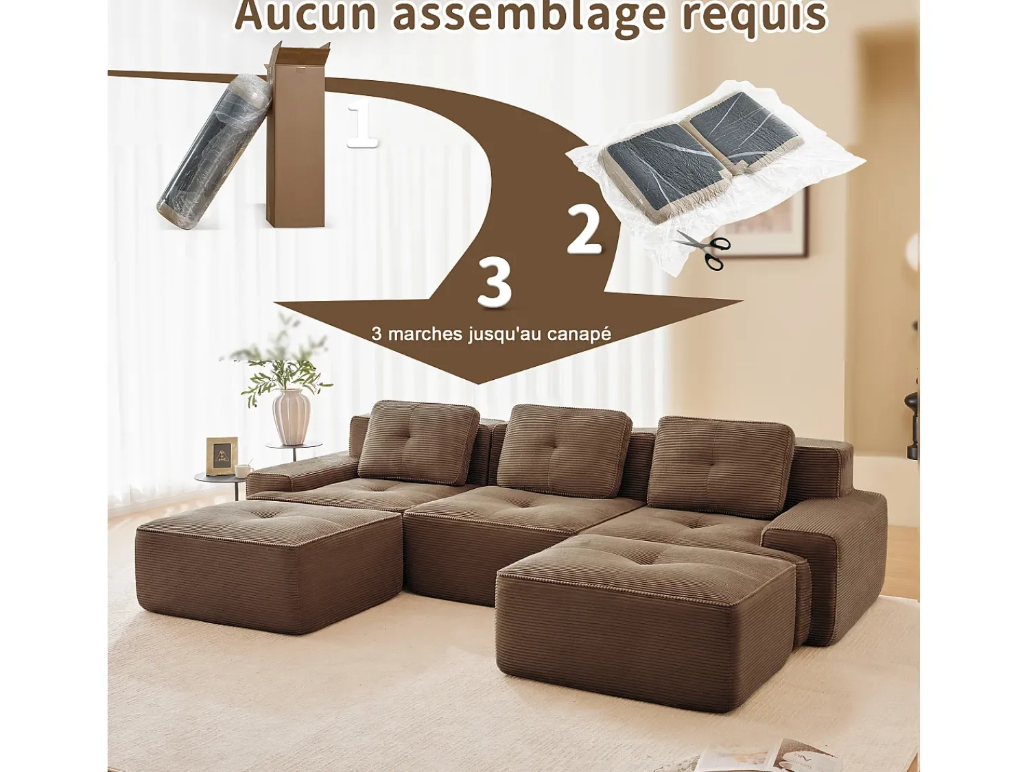 Sofá*DripeX Sofá de Canto Modular Forma de U em Veludo cotelê, com 2 puffs e 3 almofadas, 293x177x69cm, Marrom Castanho