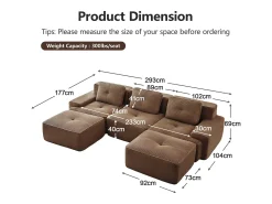 Sofá*DripeX Sofá de Canto Modular Forma de U em Veludo cotelê, com 2 puffs e 3 almofadas, 293x177x69cm, Marrom Castanho