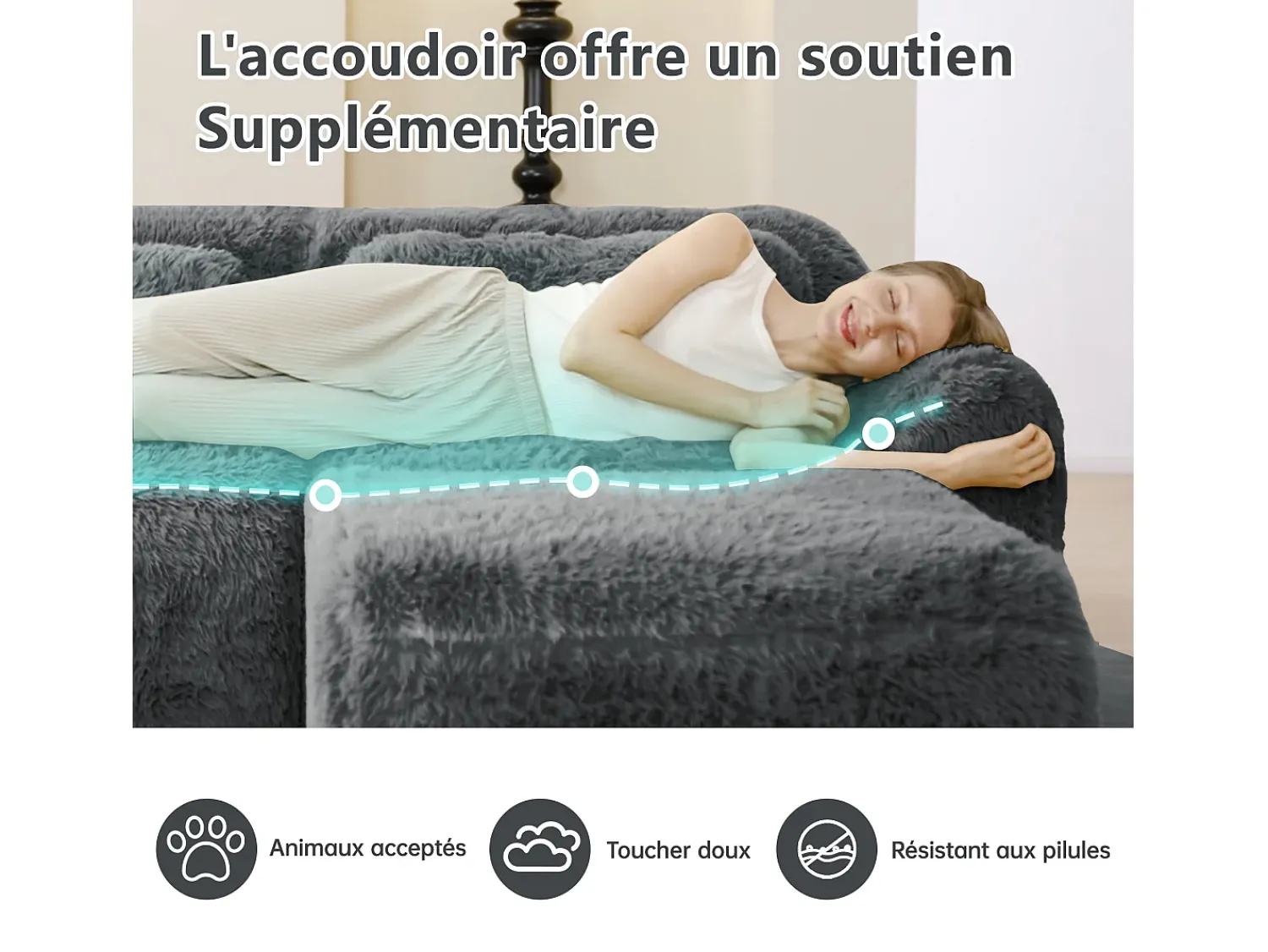 Sofá|DripeX Sofá de Canto Modular Forma de U em tecido peluche, com 2 puffs e 4 almofadas, 378x179x73cm, Cinza Cinzento
