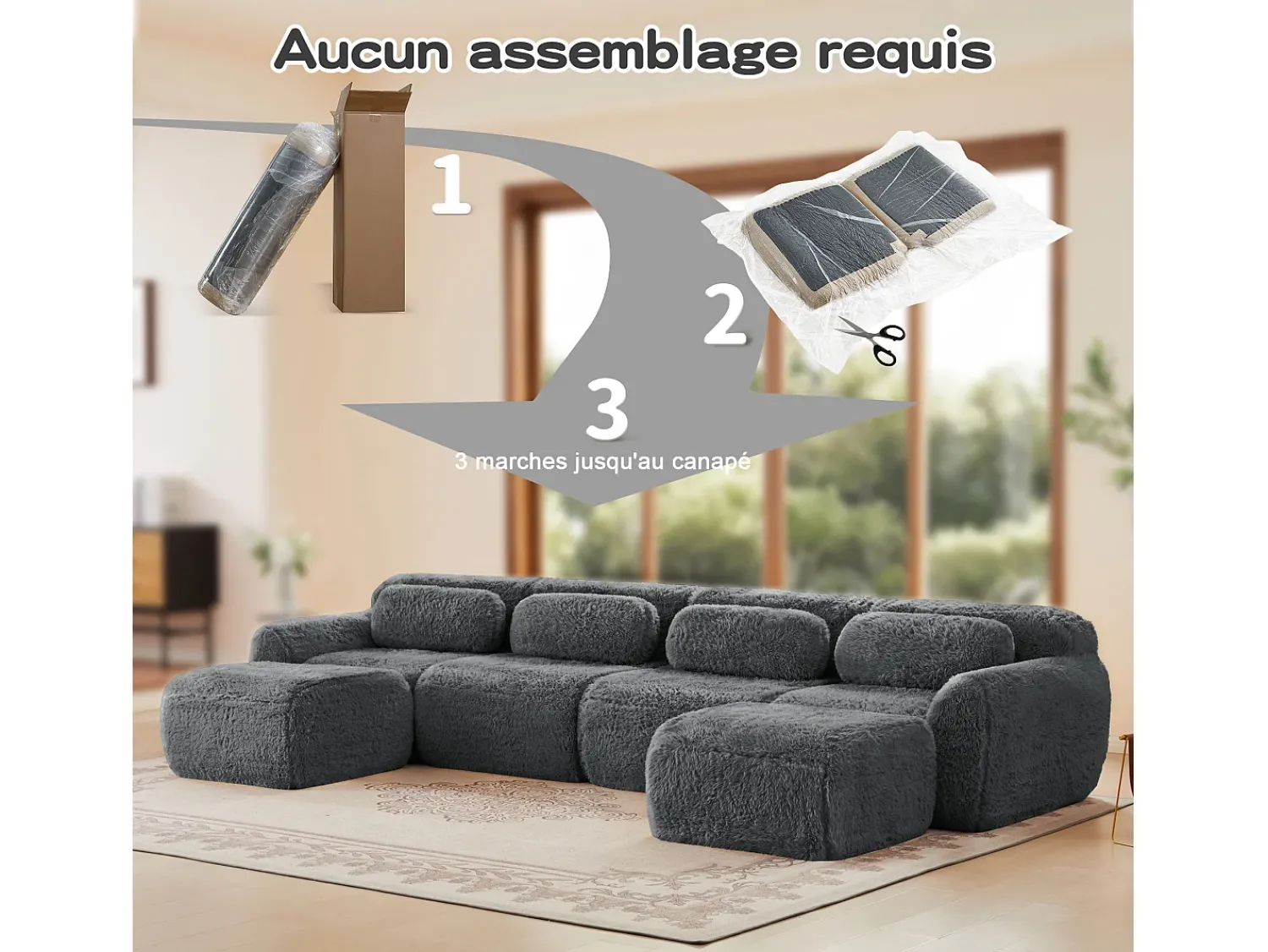 Sofá|DripeX Sofá de Canto Modular Forma de U em tecido peluche, com 2 puffs e 4 almofadas, 378x179x73cm, Cinza Cinzento