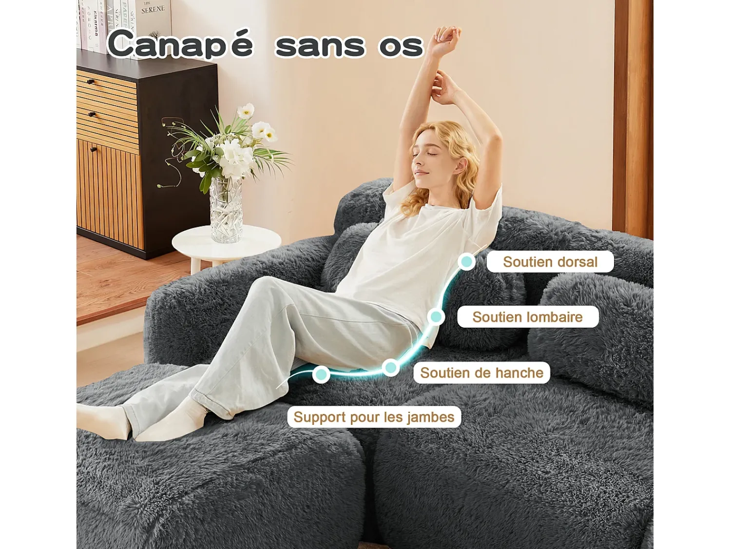 Sofá|DripeX Sofá de Canto Modular Forma de U em tecido peluche, com 2 puffs e 4 almofadas, 378x179x73cm, Cinza Cinzento