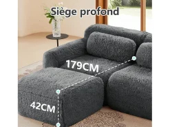 Sofá|DripeX Sofá de Canto Modular Forma de U em tecido peluche, com 2 puffs e 4 almofadas, 378x179x73cm, Cinza Cinzento