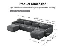 Sofá|DripeX Sofá de Canto Modular Forma de U em tecido peluche, com 2 puffs e 4 almofadas, 378x179x73cm, Cinza Cinzento