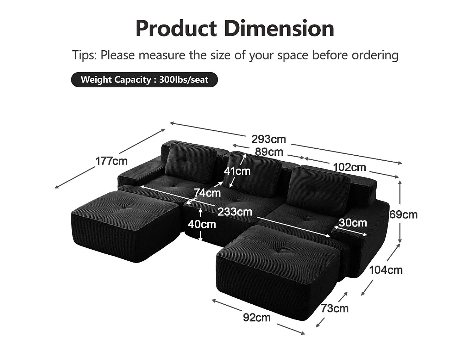 DripeX Sofá de Canto Modular Forma de U em Veludo cotelê, com 2 puffs e 3 almofadas, 293x177x69cm,^ Sofá
