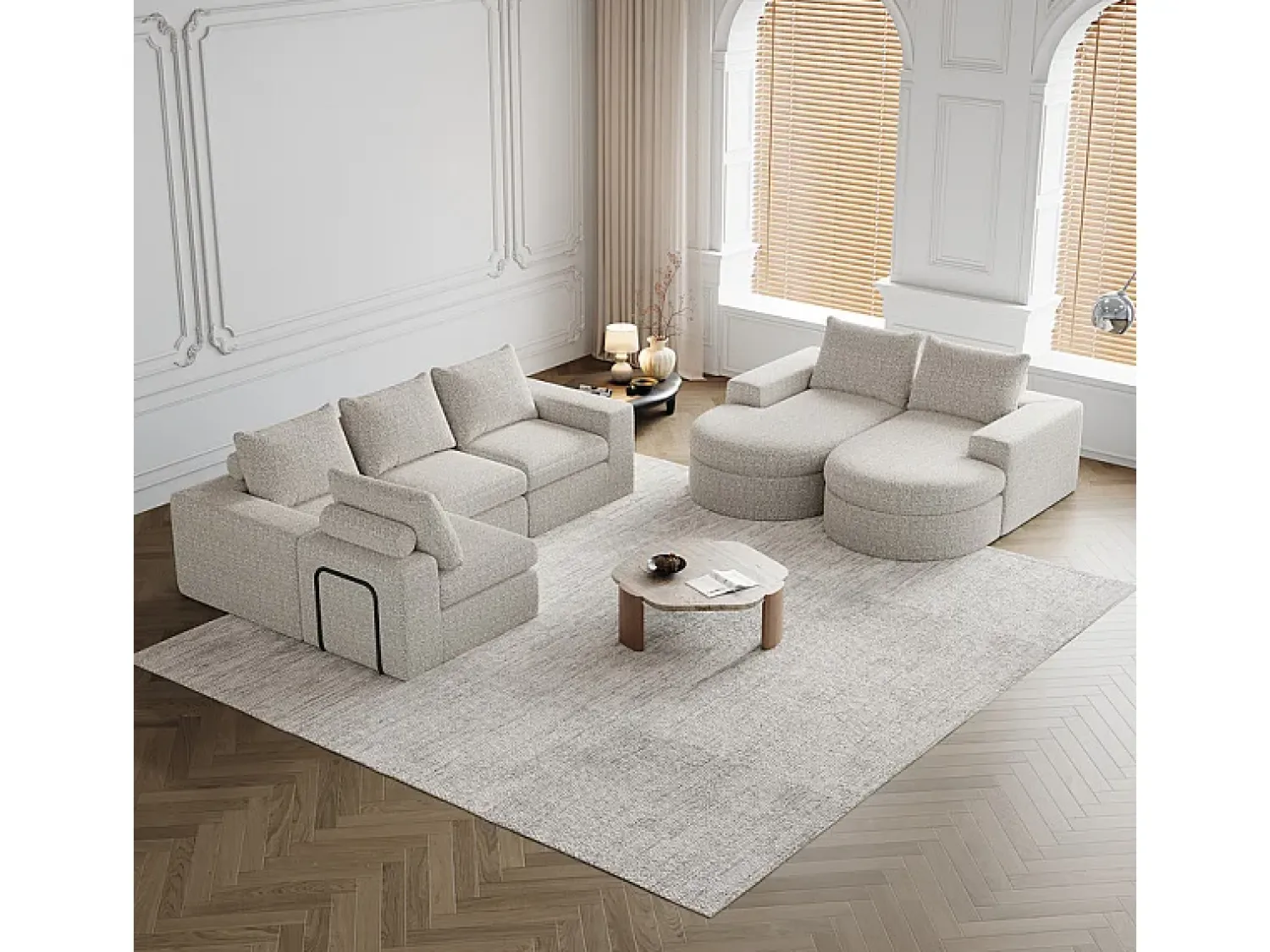 Sofá*DripeX Sofá de Canto Modular Reversível 6 Lugares, com 6 Almofadas e Almofadas Cervicais, Tecido Chenille, Sala de Estar DIY, Bege