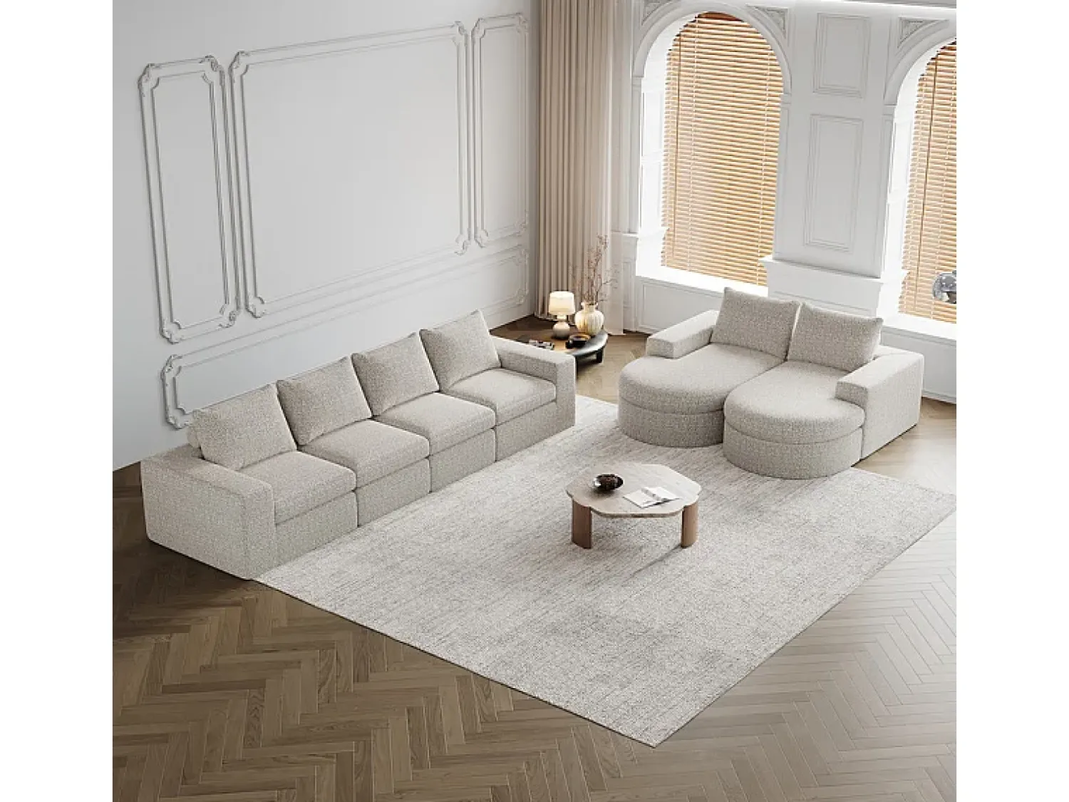 Sofá*DripeX Sofá de Canto Modular Reversível 6 Lugares, com 6 Almofadas e Almofadas Cervicais, Tecido Chenille, Sala de Estar DIY, Bege