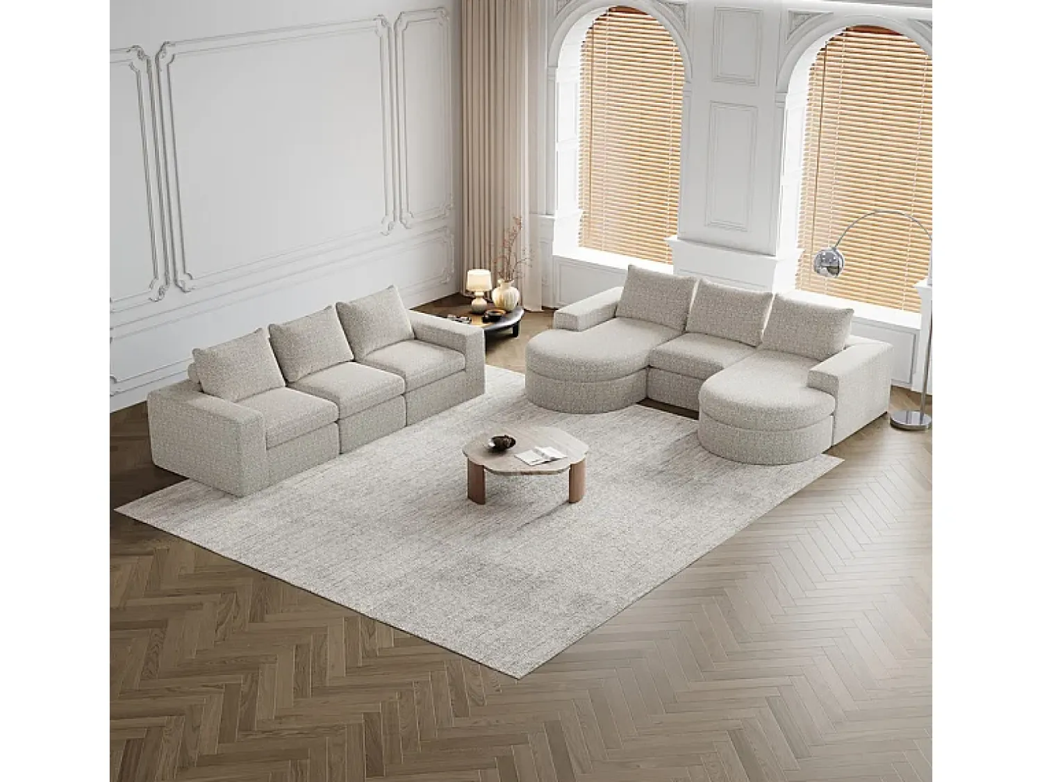 Sofá*DripeX Sofá de Canto Modular Reversível 6 Lugares, com 6 Almofadas e Almofadas Cervicais, Tecido Chenille, Sala de Estar DIY, Bege