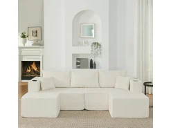 Sofá|DripeX Sofá de canto modular veludo canelado, 2 pufes, porta-copos e almofadas, , 230x138x75cm Bege