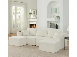 Sofá|DripeX Sofá de canto modular veludo canelado, 2 pufes, porta-copos e almofadas, , 230x138x75cm Bege