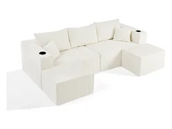 Sofá|DripeX Sofá de canto modular veludo canelado, 2 pufes, porta-copos e almofadas, , 230x138x75cm Bege