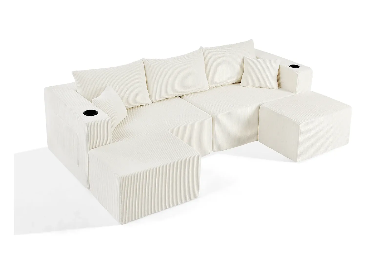 Sofá|DripeX Sofá de canto modular veludo canelado, 2 pufes, porta-copos e almofadas, , 230x138x75cm Bege