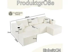 Sofá|DripeX Sofá de canto modular veludo canelado, 2 pufes, porta-copos e almofadas, , 230x138x75cm Bege
