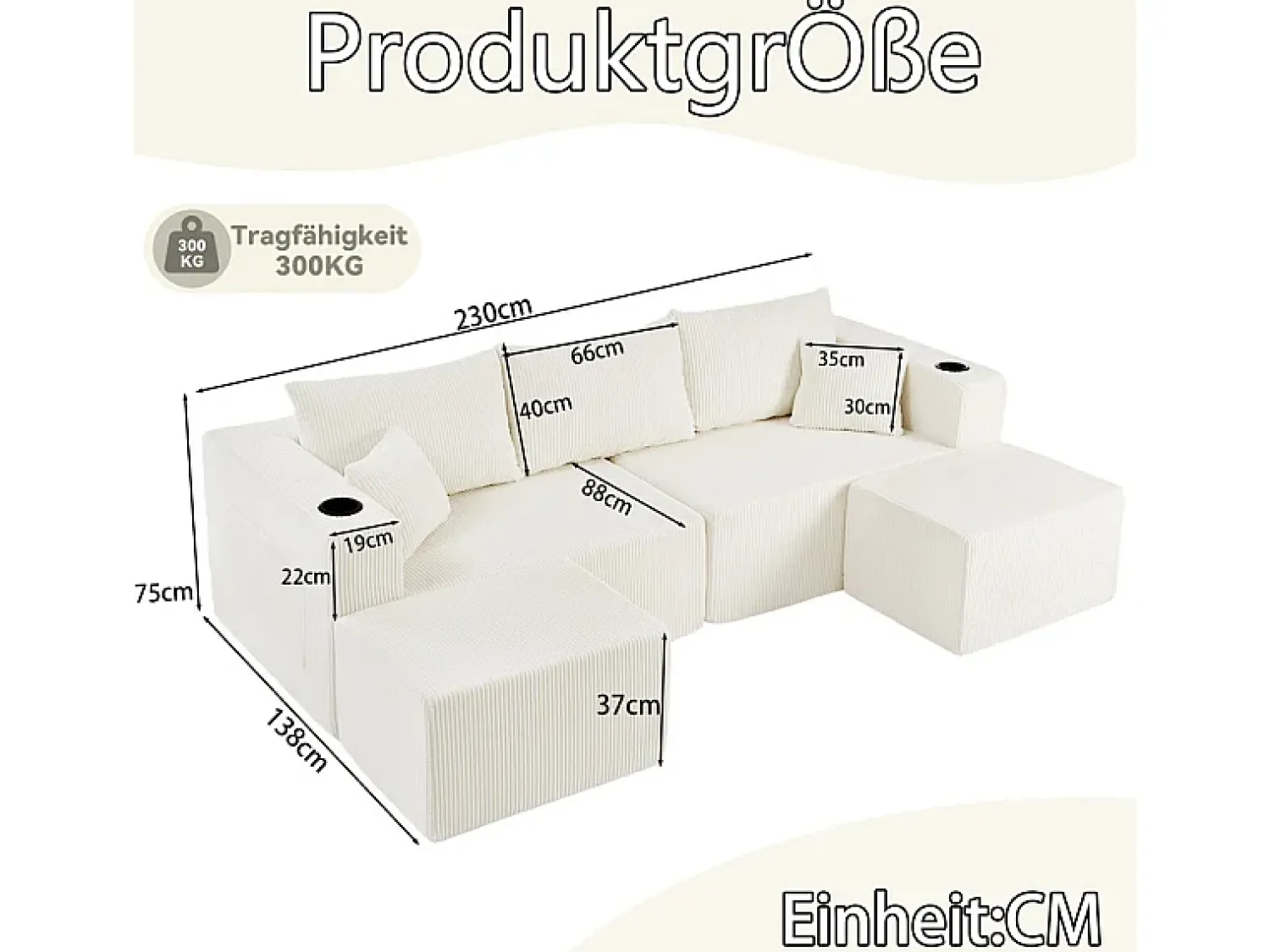 Sofá|DripeX Sofá de canto modular veludo canelado, 2 pufes, porta-copos e almofadas, , 230x138x75cm Bege
