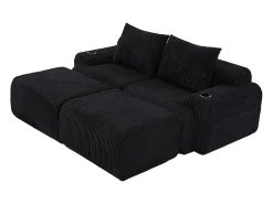 Discount DripeX Sofá de canto modular veludo canelado, porta-copos, 2 pufes e 2 almofadas, 200x174x80cm, Preto