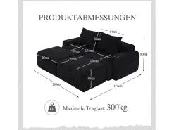Discount DripeX Sofá de canto modular veludo canelado, porta-copos, 2 pufes e 2 almofadas, 200x174x80cm, Preto