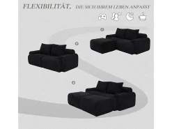 Discount DripeX Sofá de canto modular veludo canelado, porta-copos, 2 pufes e 2 almofadas, 200x174x80cm, Preto