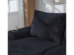 Discount DripeX Sofá de canto modular veludo canelado, porta-copos, 2 pufes e 2 almofadas, 200x174x80cm, Preto