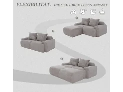 Sofá*DripeX Sofá de canto modular veludo canelado, porta-copos, 2 pufes e 2 almofadas, 200x174x80cm, Cinzento claro
