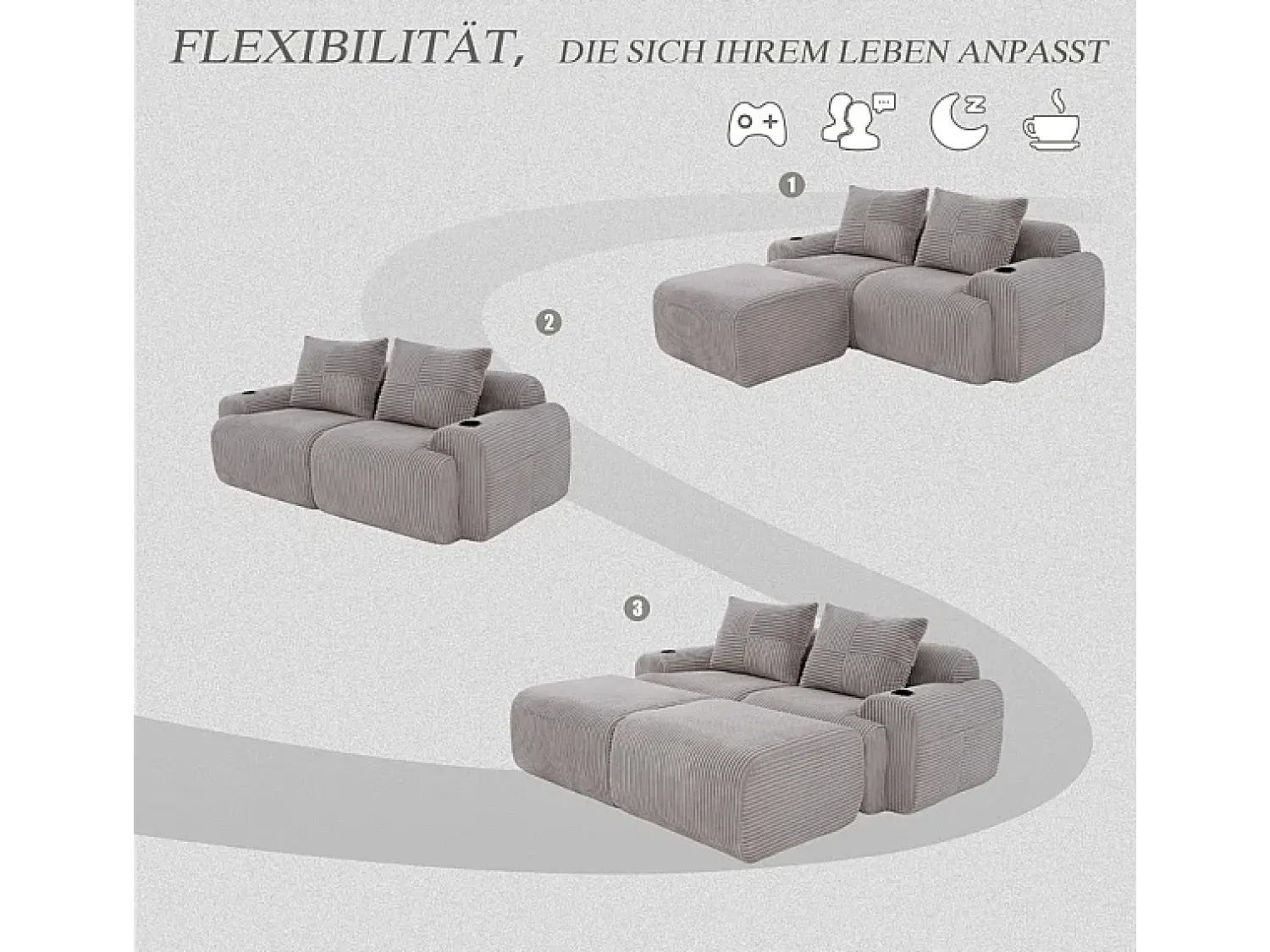 Sofá*DripeX Sofá de canto modular veludo canelado, porta-copos, 2 pufes e 2 almofadas, 200x174x80cm, Cinzento claro