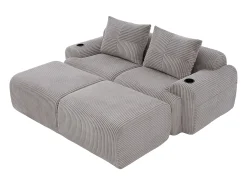 Sofá*DripeX Sofá de canto modular veludo canelado, porta-copos, 2 pufes e 2 almofadas, 200x174x80cm, Cinzento claro