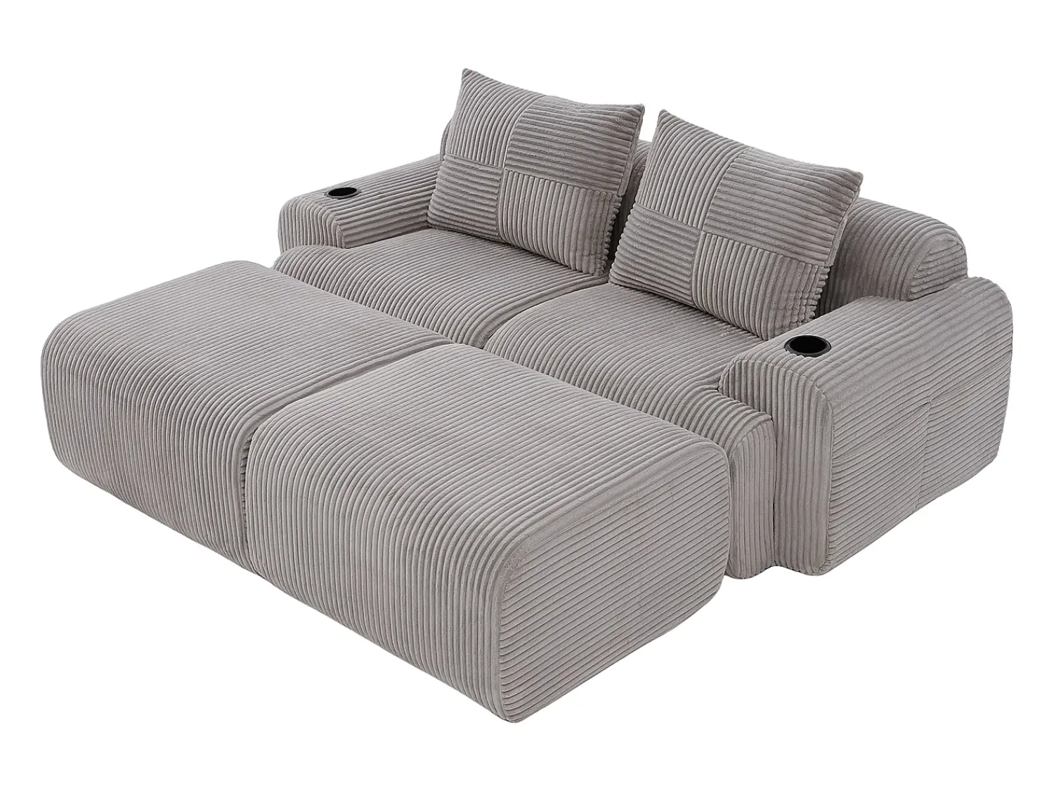 Sofá*DripeX Sofá de canto modular veludo canelado, porta-copos, 2 pufes e 2 almofadas, 200x174x80cm, Cinzento claro