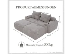 Sofá*DripeX Sofá de canto modular veludo canelado, porta-copos, 2 pufes e 2 almofadas, 200x174x80cm, Cinzento claro