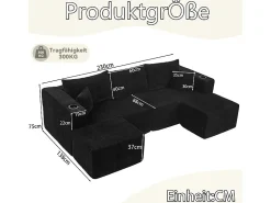 Sofá|DripeX Sofá de canto modular veludo canelado, 2 pufes, porta-copos e almofadas, , 230x138x75cm Preto