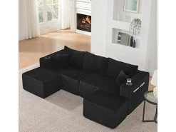 Sofá|DripeX Sofá de canto modular veludo canelado, 2 pufes, porta-copos e almofadas, , 230x138x75cm Preto